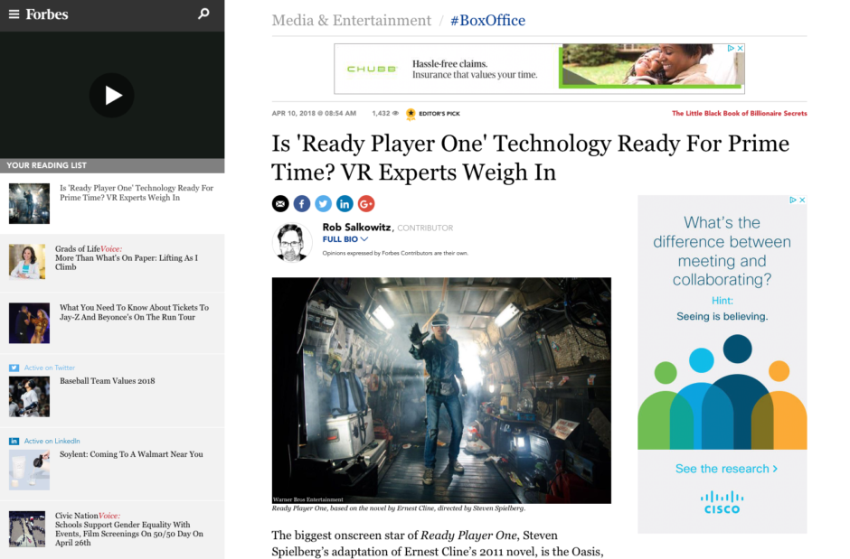 Daniel W. Rasmus on 'VR in Ready Player One' at Forbes.com