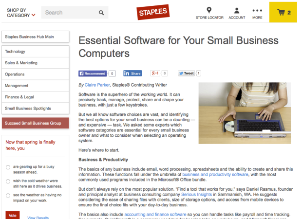 Staples.com featuring Serious Insights: 'Essential Software for Your Small Business Computers'